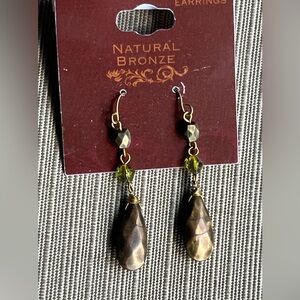 New Natural Bronze dangle earrings with green stone